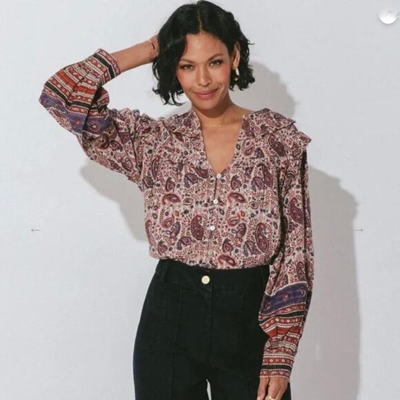 Cleobella Samara Blouse in Laurel Print - Organic Cotton - Purple Pink Red  - M - Picture 1 of 6